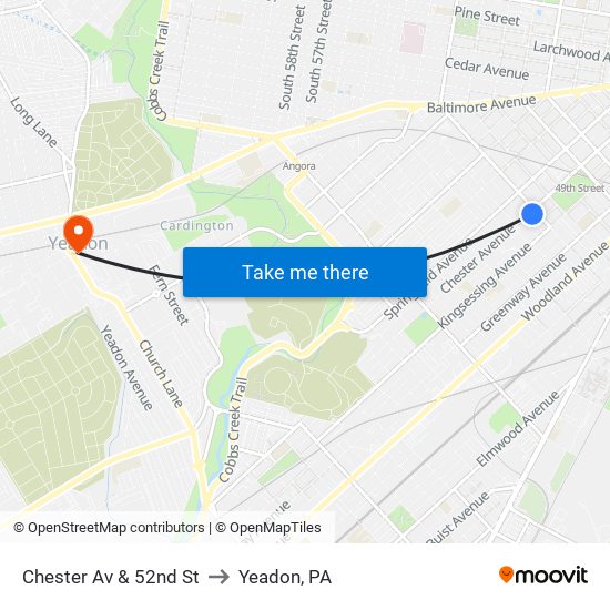 Chester Av & 52nd St to Yeadon, PA map