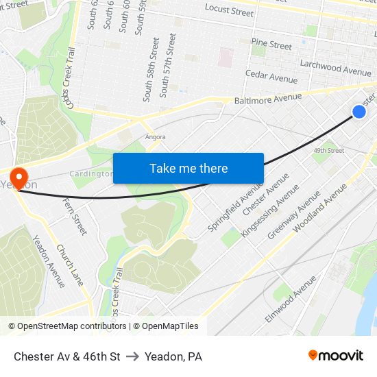 Chester Av & 46th St to Yeadon, PA map