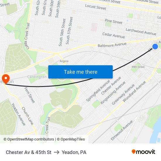 Chester Av & 45th St to Yeadon, PA map