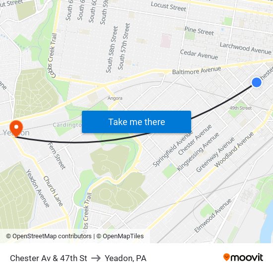 Chester Av & 47th St to Yeadon, PA map