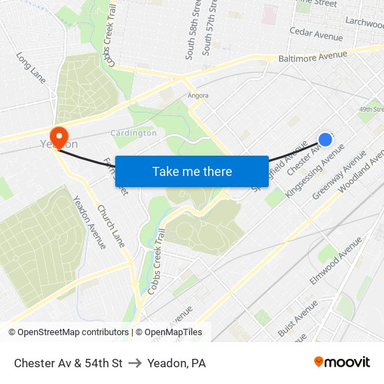 Chester Av & 54th St to Yeadon, PA map
