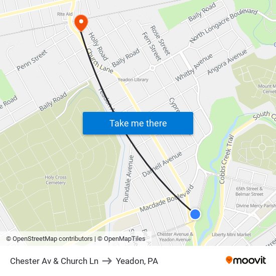 Chester Av & Church Ln to Yeadon, PA map