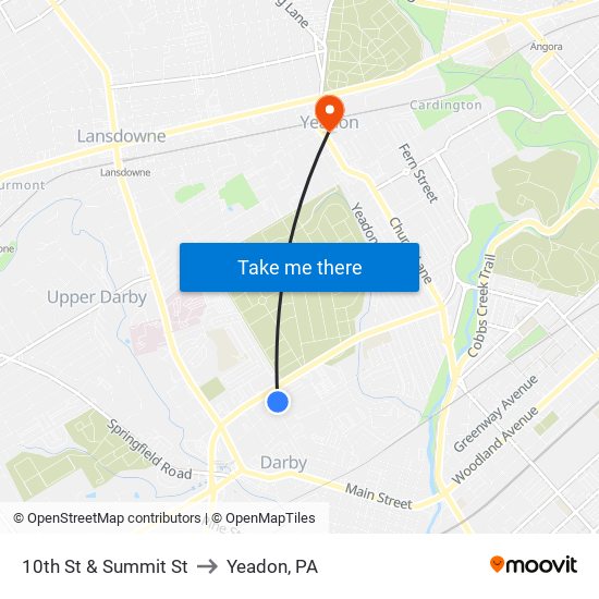 10th St & Summit St to Yeadon, PA map
