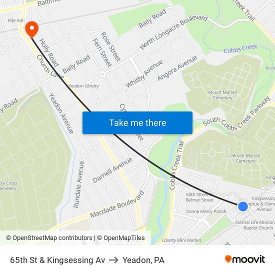 65th St & Kingsessing Av to Yeadon, PA map