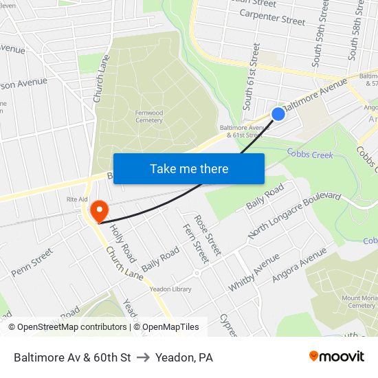 Baltimore Av & 60th St to Yeadon, PA map