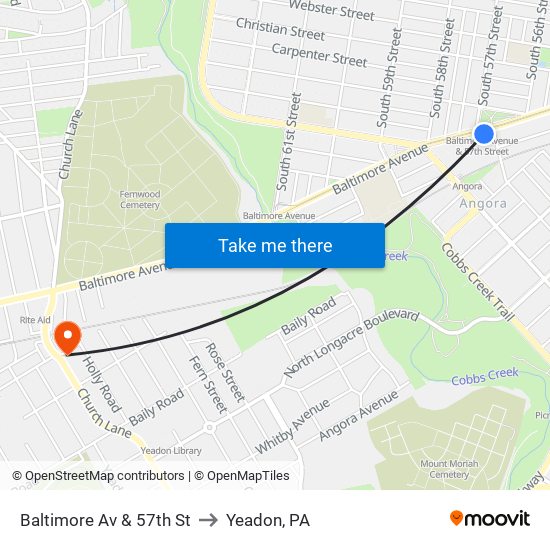 Baltimore Av & 57th St to Yeadon, PA map