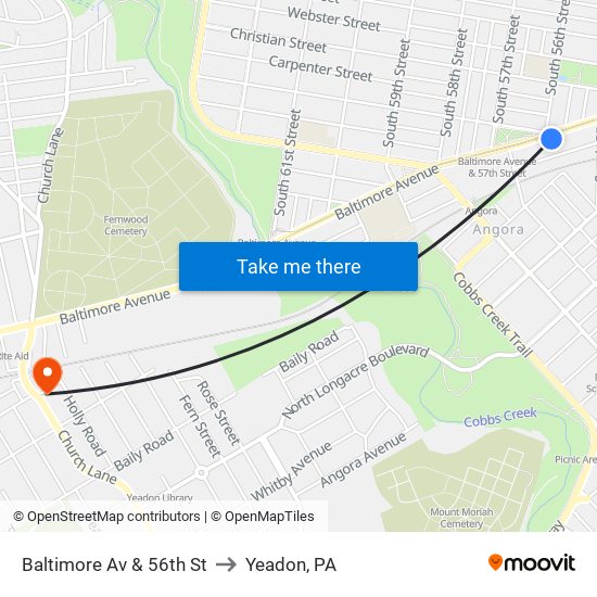 Baltimore Av & 56th St to Yeadon, PA map