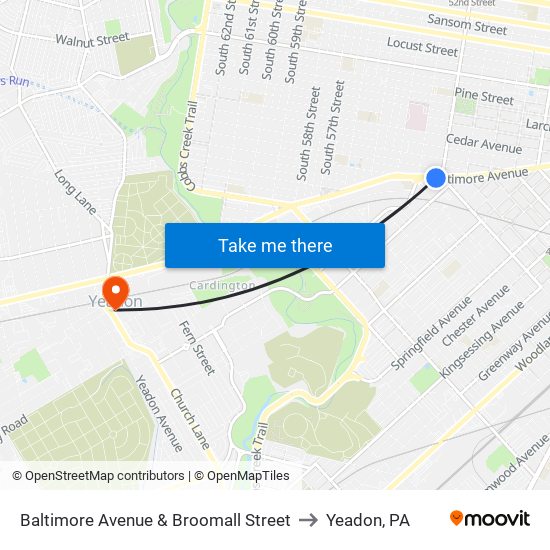 Baltimore Avenue & Broomall Street to Yeadon, PA map