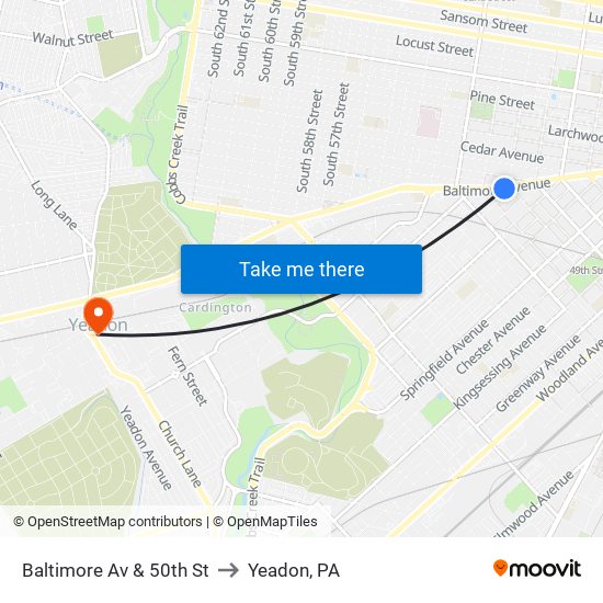 Baltimore Av & 50th St to Yeadon, PA map