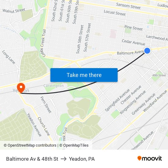 Baltimore Av & 48th St to Yeadon, PA map