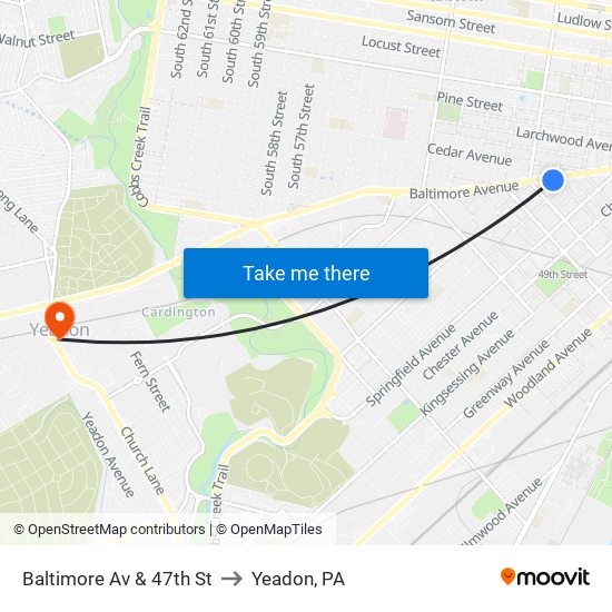 Baltimore Av & 47th St to Yeadon, PA map