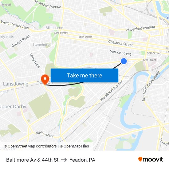 Baltimore Av & 44th St to Yeadon, PA map