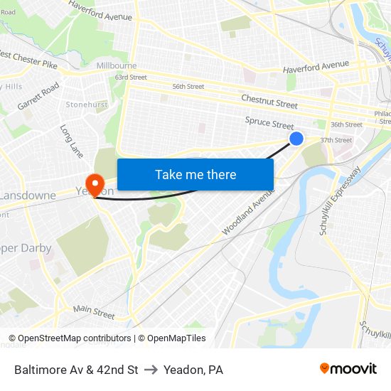 Baltimore Av & 42nd St to Yeadon, PA map