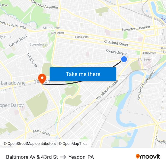 Baltimore Av & 43rd St to Yeadon, PA map