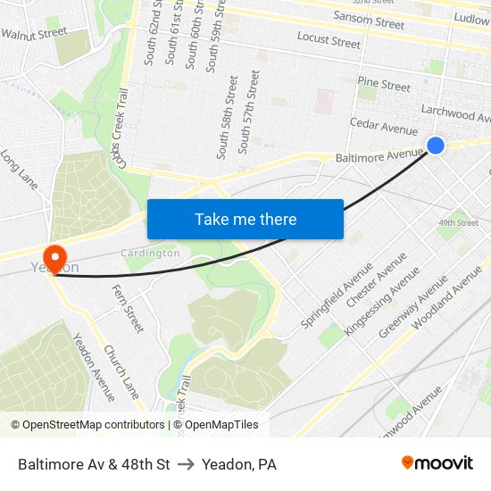 Baltimore Av & 48th St to Yeadon, PA map