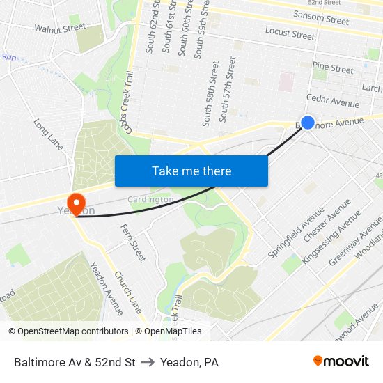 Baltimore Av & 52nd St to Yeadon, PA map