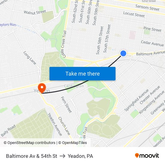 Baltimore Av & 54th St to Yeadon, PA map