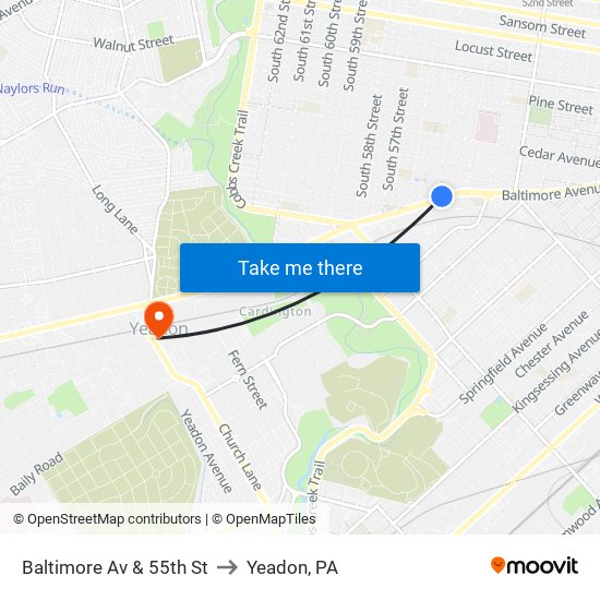 Baltimore Av & 55th St to Yeadon, PA map