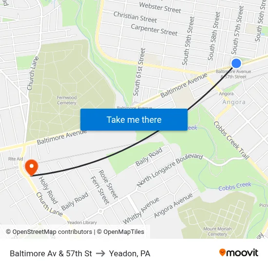 Baltimore Av & 57th St to Yeadon, PA map