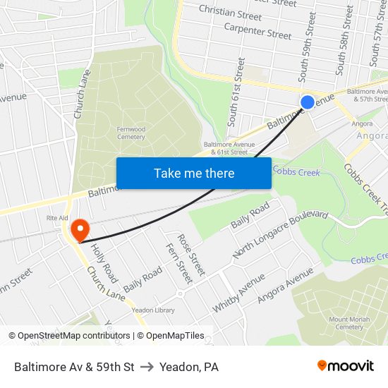 Baltimore Av & 59th St to Yeadon, PA map