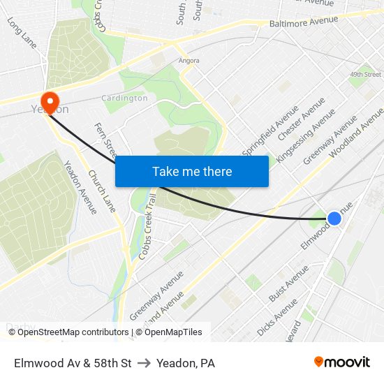 Elmwood Av & 58th St to Yeadon, PA map