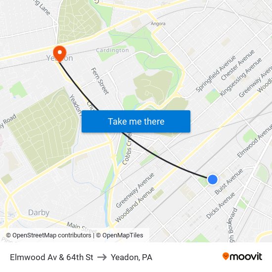 Elmwood Av & 64th St to Yeadon, PA map