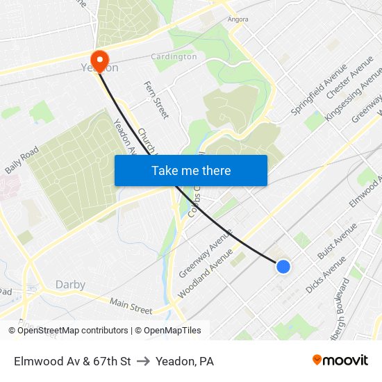 Elmwood Av & 67th St to Yeadon, PA map