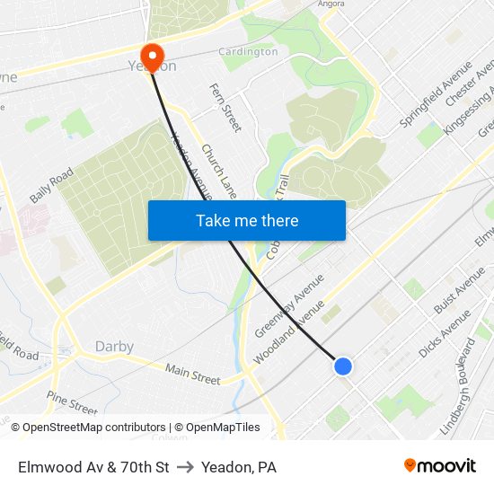 Elmwood Av & 70th St to Yeadon, PA map