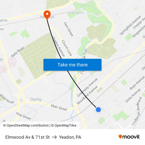 Elmwood Av & 71st St to Yeadon, PA map