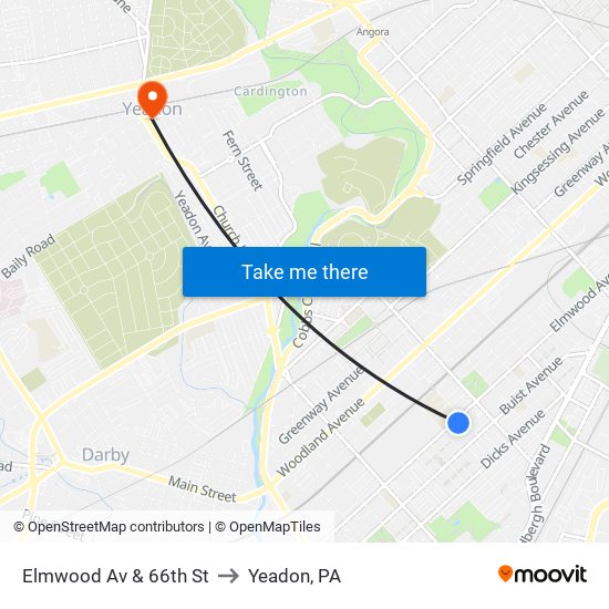 Elmwood Av & 66th St to Yeadon, PA map