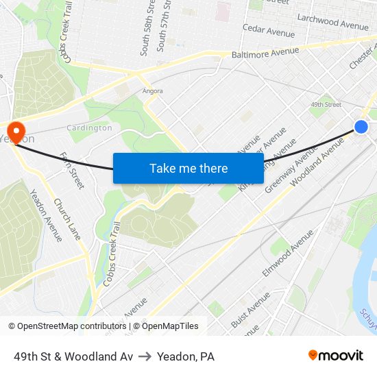 49th St & Woodland Av to Yeadon, PA map