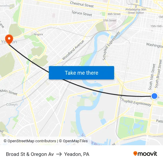 Broad St & Oregon Av to Yeadon, PA map