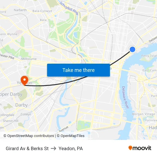 Girard Av & Berks St to Yeadon, PA map
