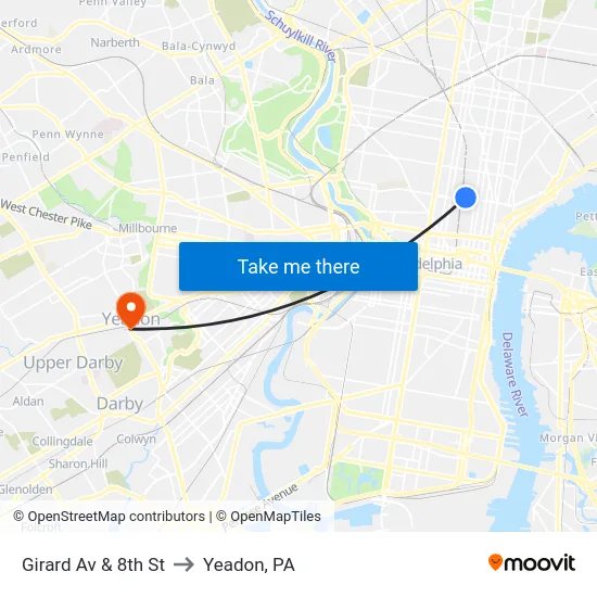 Girard Av & 8th St to Yeadon, PA map
