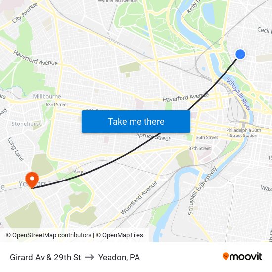 Girard Av & 29th St to Yeadon, PA map