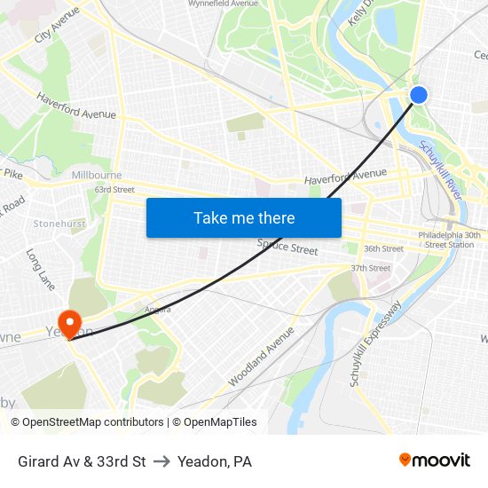 Girard Av & 33rd St to Yeadon, PA map
