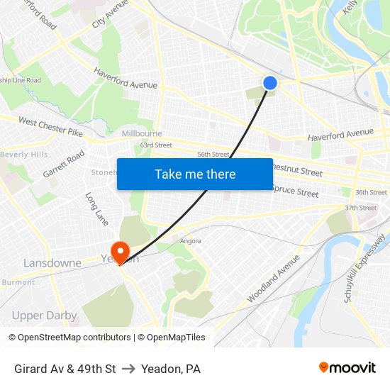 Girard Av & 49th St to Yeadon, PA map