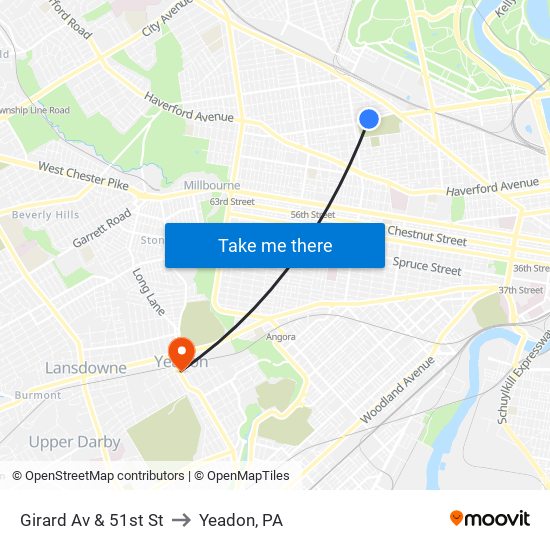 Girard Av & 51st St to Yeadon, PA map
