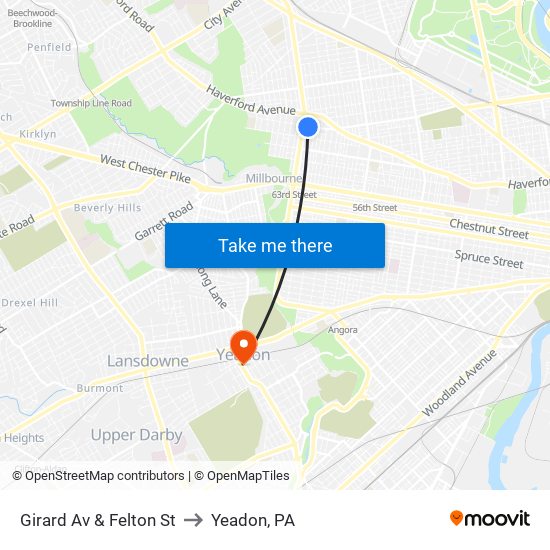 Girard Av & Felton St to Yeadon, PA map