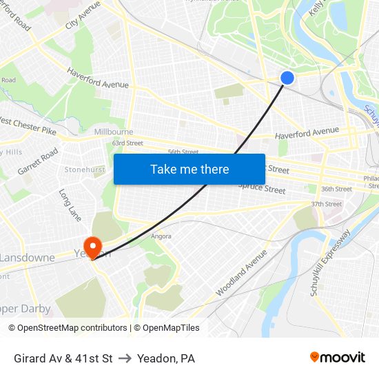 Girard Av & 41st St to Yeadon, PA map