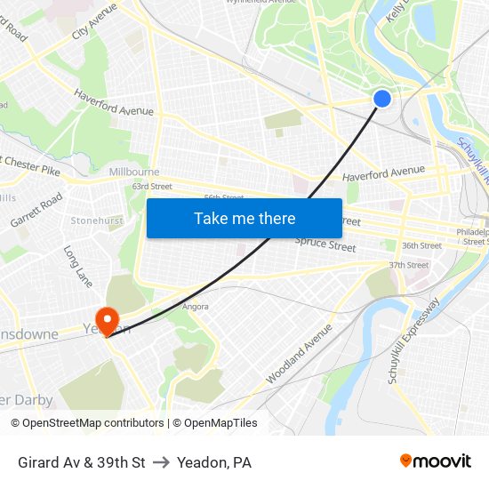 Girard Av & 39th St to Yeadon, PA map