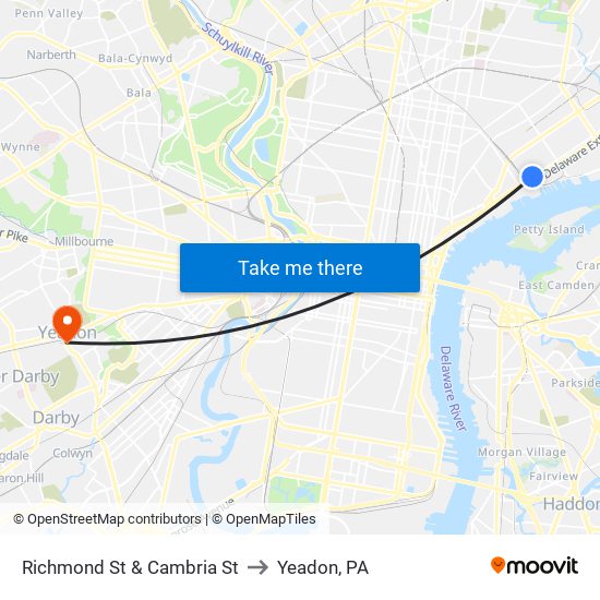 Richmond St & Cambria St to Yeadon, PA map