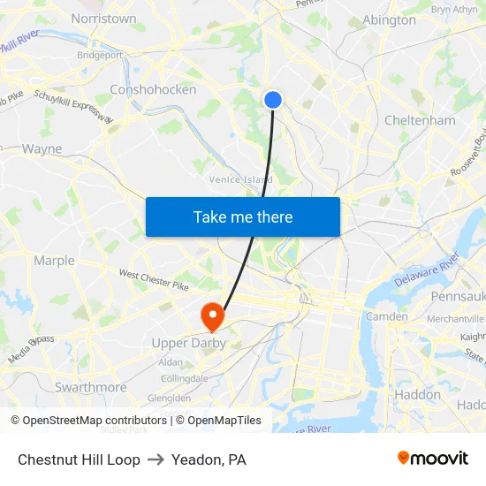 Chestnut Hill Loop to Yeadon, PA map