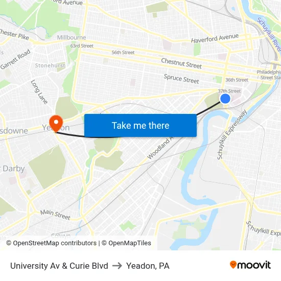 University Av & Curie Blvd to Yeadon, PA map