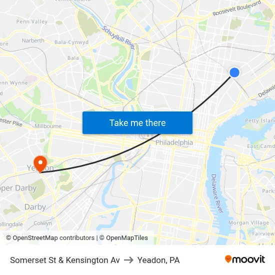 Somerset St & Kensington Av to Yeadon, PA map