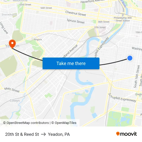 20th St & Reed St to Yeadon, PA map