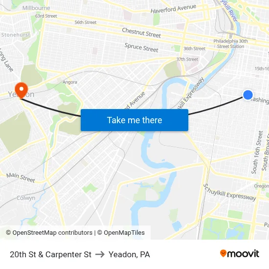 20th St & Carpenter St to Yeadon, PA map