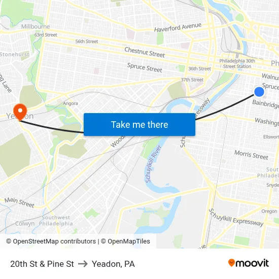 20th St & Pine St to Yeadon, PA map