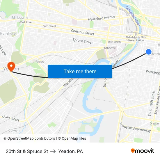 20th St & Spruce St to Yeadon, PA map