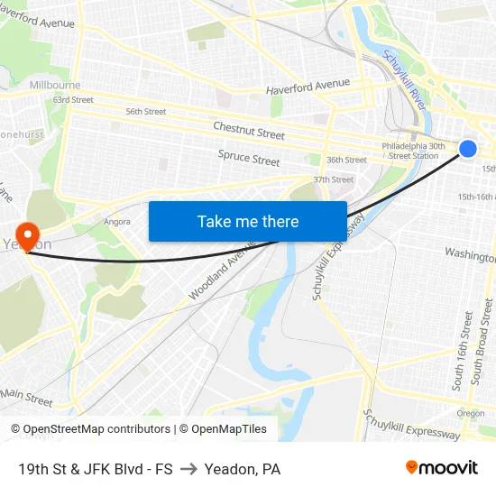 19th St & JFK Blvd - FS to Yeadon, PA map